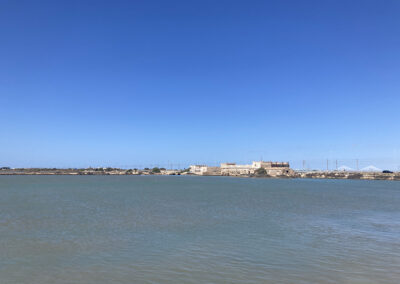 Molino del Río Arillo en Cádiz, estructura histórica bajo un cielo despejado.